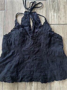 American Eagle Outfitters Black Embroidered Halter Camisole Top size Medium 100%
